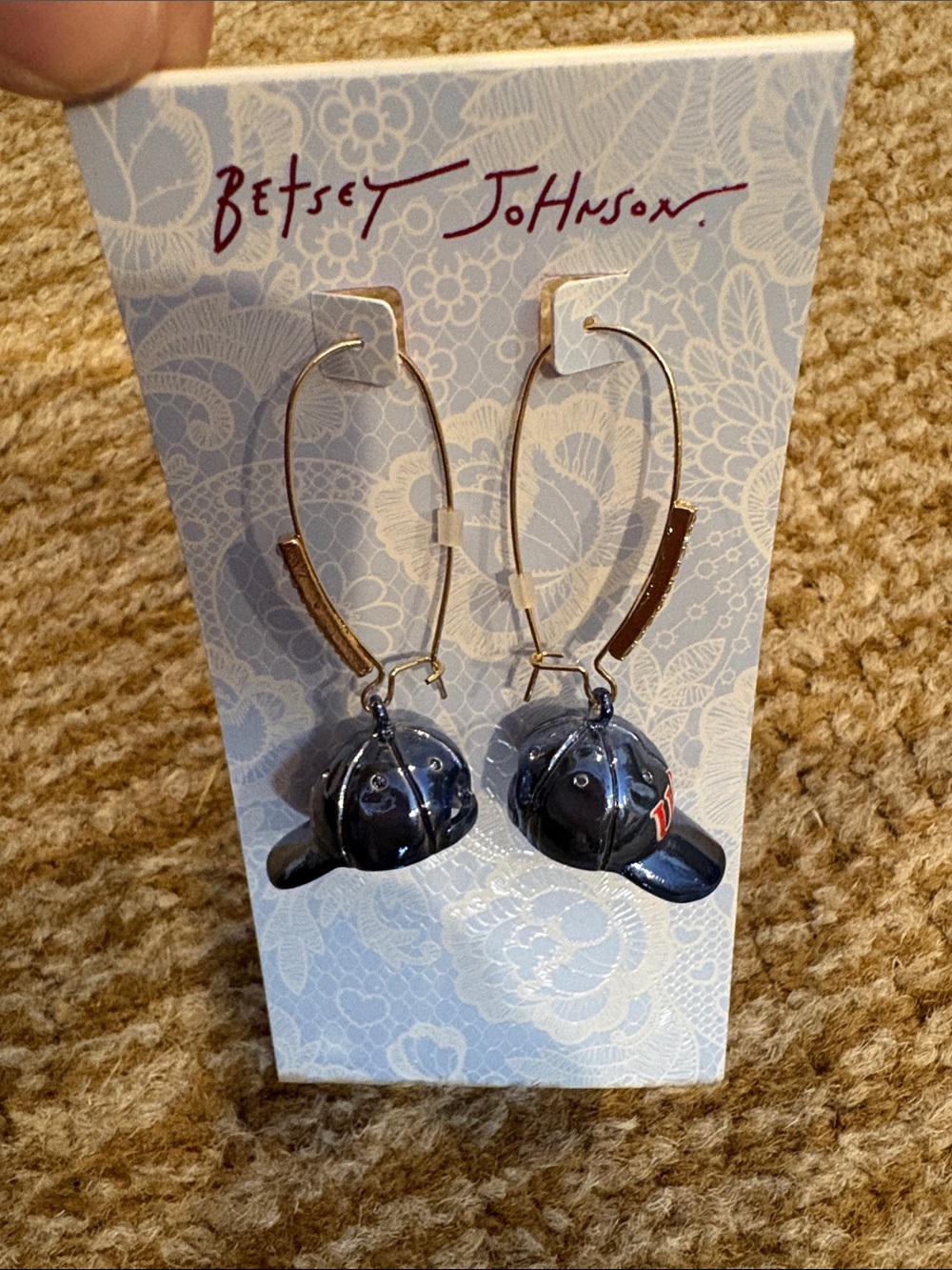 Betsey Johnson USA Navy and Gold Baseball Cap Hoop Earrings- new